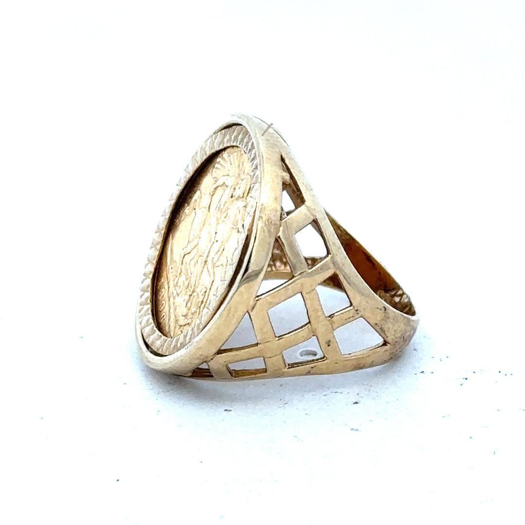 9ct yellow gold half Sovereign ring with 1896 design, size M 1/2, featuring detailed coin engraving and classic style.