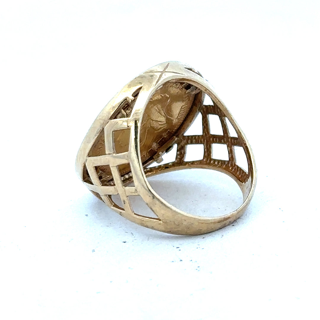 9ct yellow gold half Sovereign ring featuring the 1896 design, size M1/2, unbranded jewelry with detailed coin engraving.