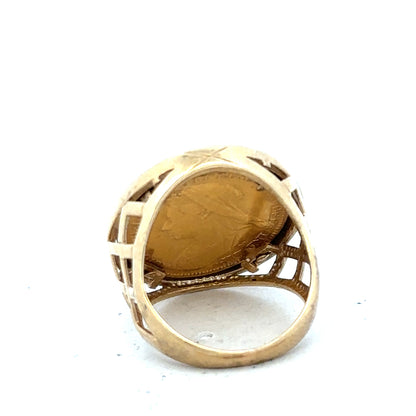 9ct yellow gold Half Sovereign ring with 1896 design, size M1/2, featuring detailed coin motif on a polished band.