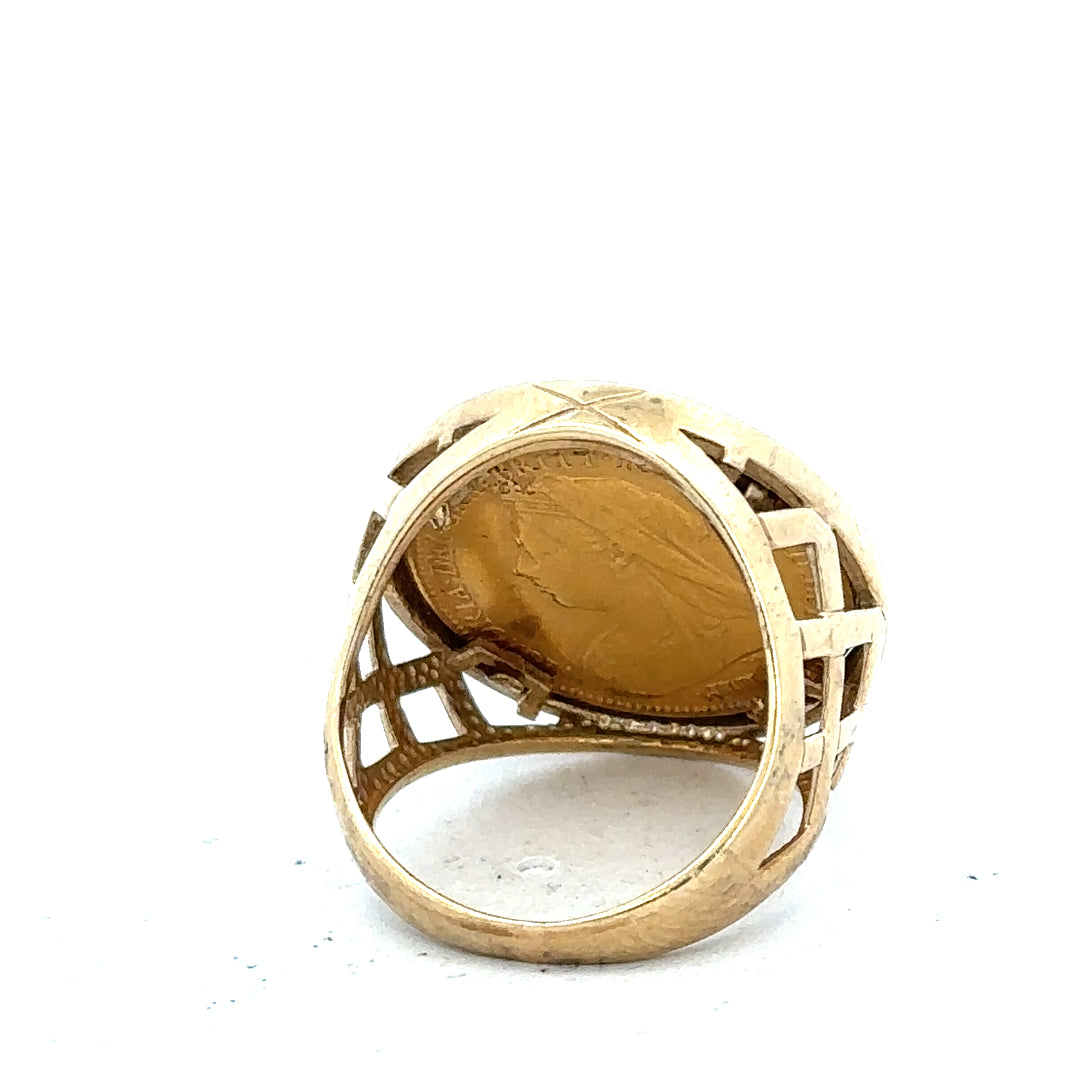 9ct yellow gold 1896 Half Sovereign ring in size M1/2, featuring detailed engraved design on a classic gold band.