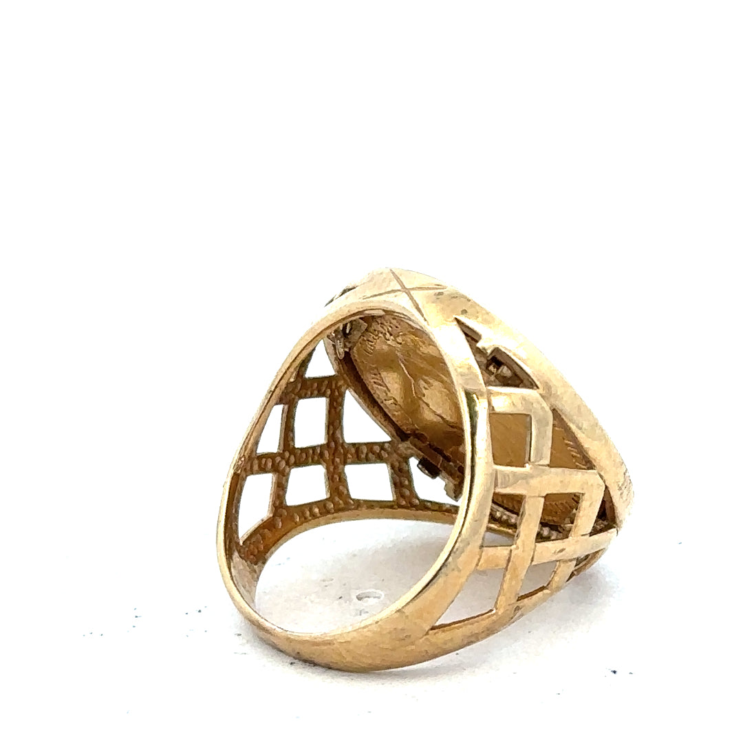9ct yellow gold 1896 half Sovereign ring in size M1/2, featuring detailed coin design on a classic band.
