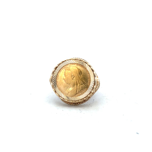9ct yellow gold half sovereign ring from 1897, size S, featuring intricate vintage design and historical coin details.