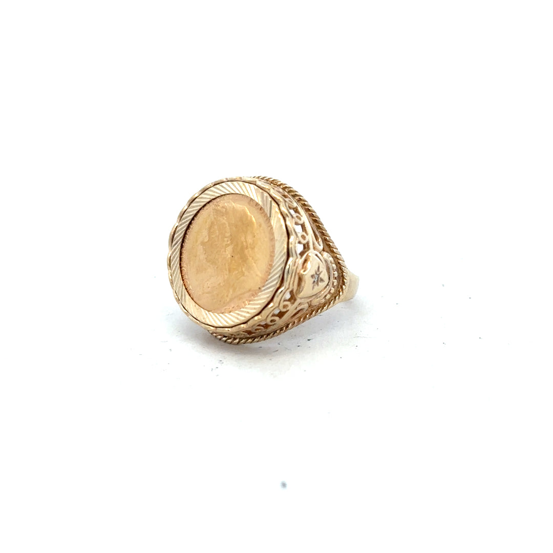 9ct yellow gold half sovereign ring from 1897, size S, featuring intricate gold detailing and vintage design.