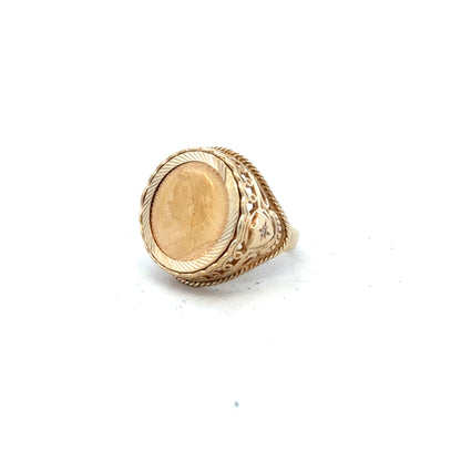 9ct yellow gold half sovereign ring from 1897, size S, featuring intricate gold detailing and vintage design.