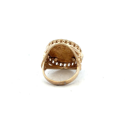 9ct yellow gold half sovereign ring from 1897, size S, featuring detailed vintage coin design, unbranded jewelry piece.