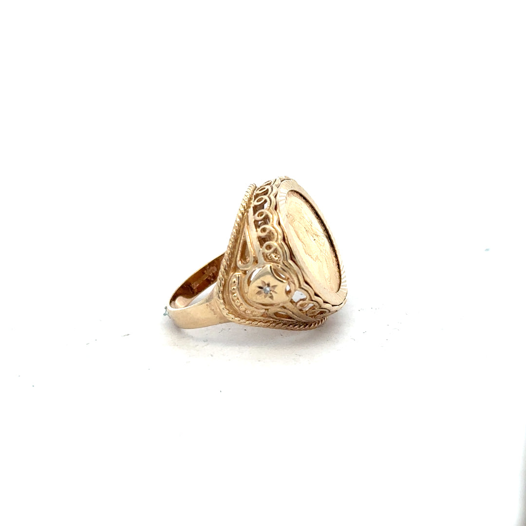 9ct yellow gold half sovereign ring with 1897 coin design, size S, unbranded jewelry piece on a plain background.