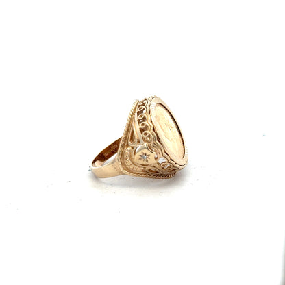 9ct yellow gold half sovereign ring with 1897 coin design, size S, unbranded jewelry piece on a plain background.