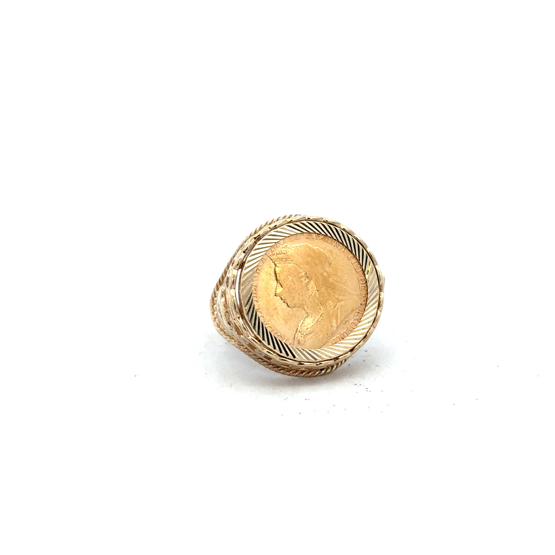 9ct yellow gold half sovereign ring from 1897, size S, featuring detailed coin design on a classic gold band.