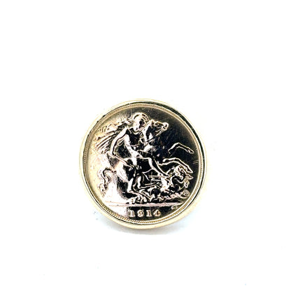 9ct yellow gold 1914 half sovereign ring in size S, featuring detailed vintage coin design and classic gold band.