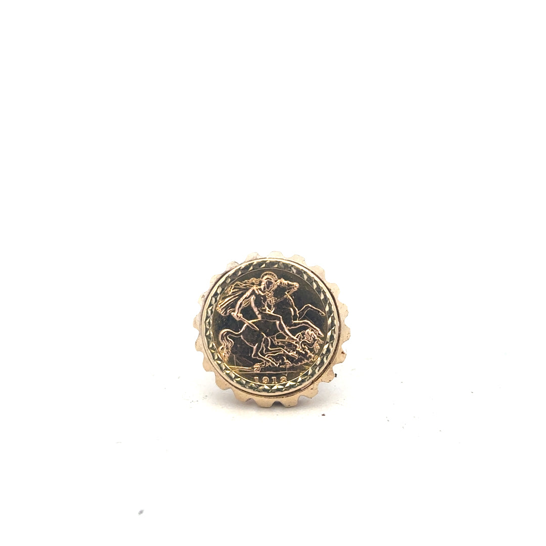 9ct yellow gold 1918 half sovereign ring in size K1/2, featuring detailed vintage coin design on a classic band.