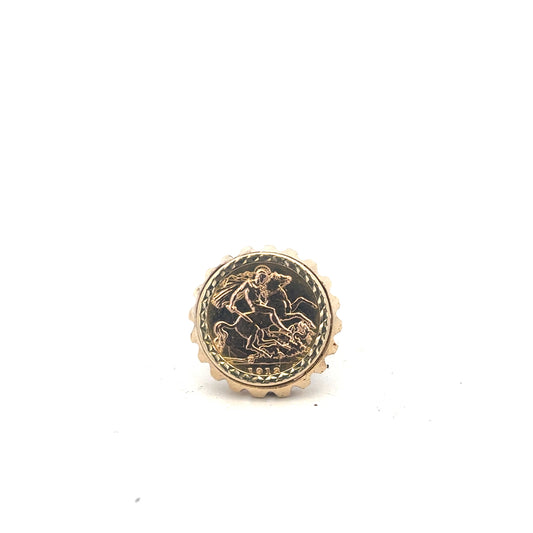 9ct yellow gold 1918 half sovereign ring in size K1/2, featuring detailed vintage coin design on a classic band.