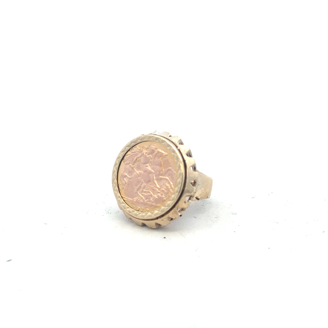 9ct yellow gold 1918 half sovereign ring in size K1/2, featuring detailed vintage coin design with engraved details.