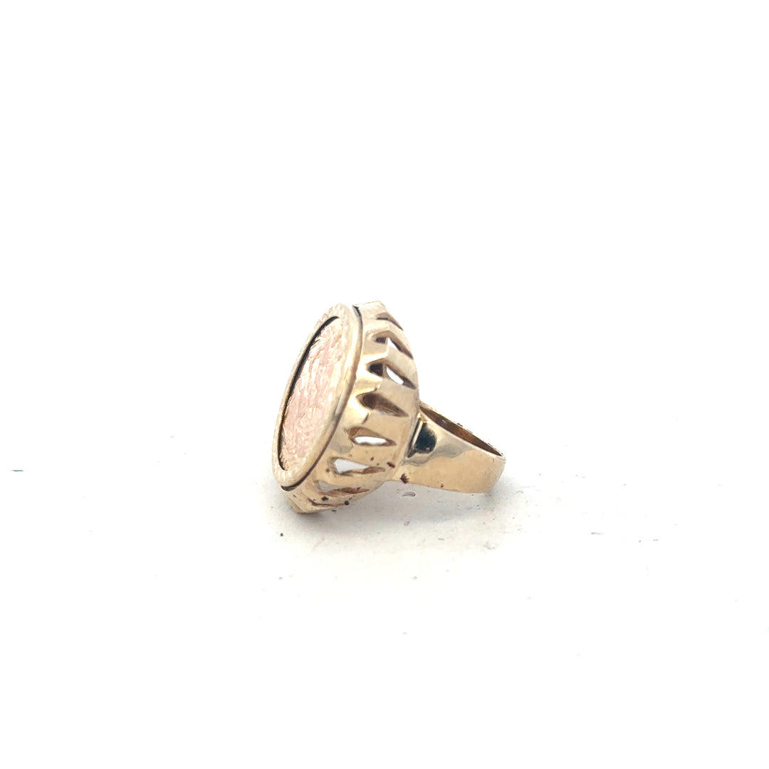 9ct yellow gold 1918 half sovereign ring size K1/2 featuring detailed coin design and classic gold band craftsmanship.
