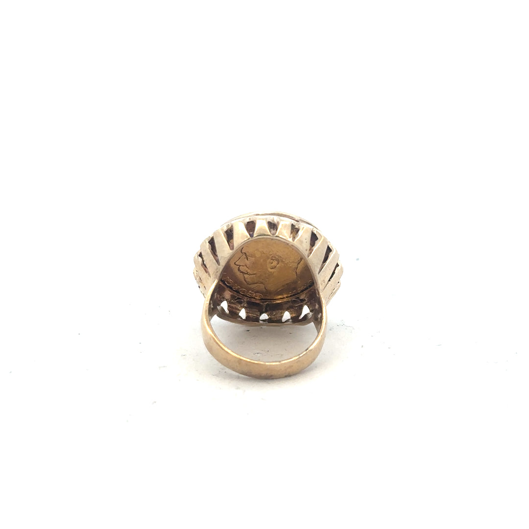 9ct yellow gold 1918 half sovereign ring in size K1/2, featuring detailed coin design on a classic gold band.