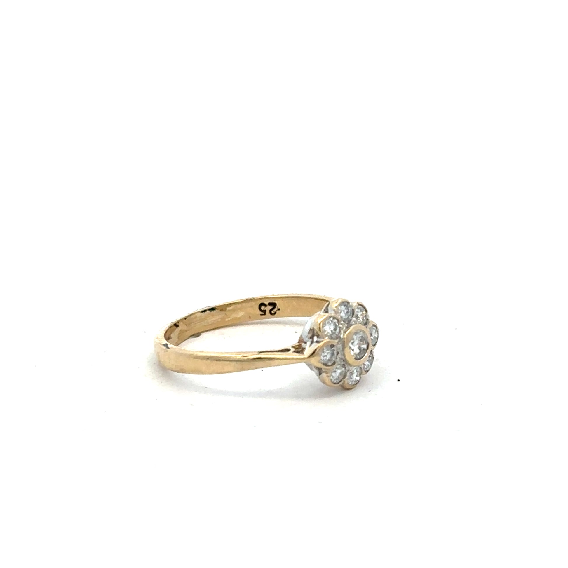 9ct yellow gold diamond ring with 25pts diamonds in size L, showcasing a sleek and elegant jewelry design.
