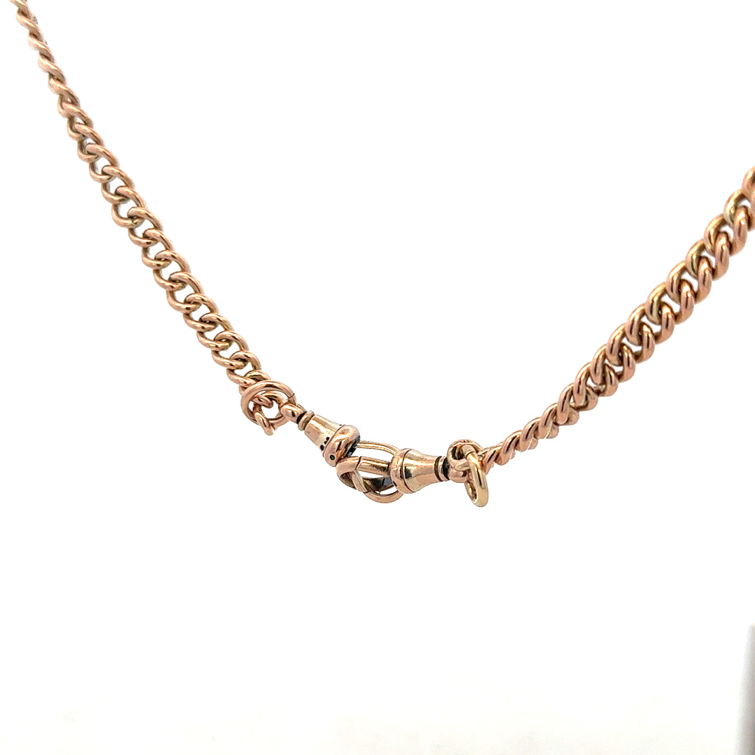 9ct yellow gold Albert chain with a 45.6g weight, featuring intricate link design, ideal for classic jewelry styling.