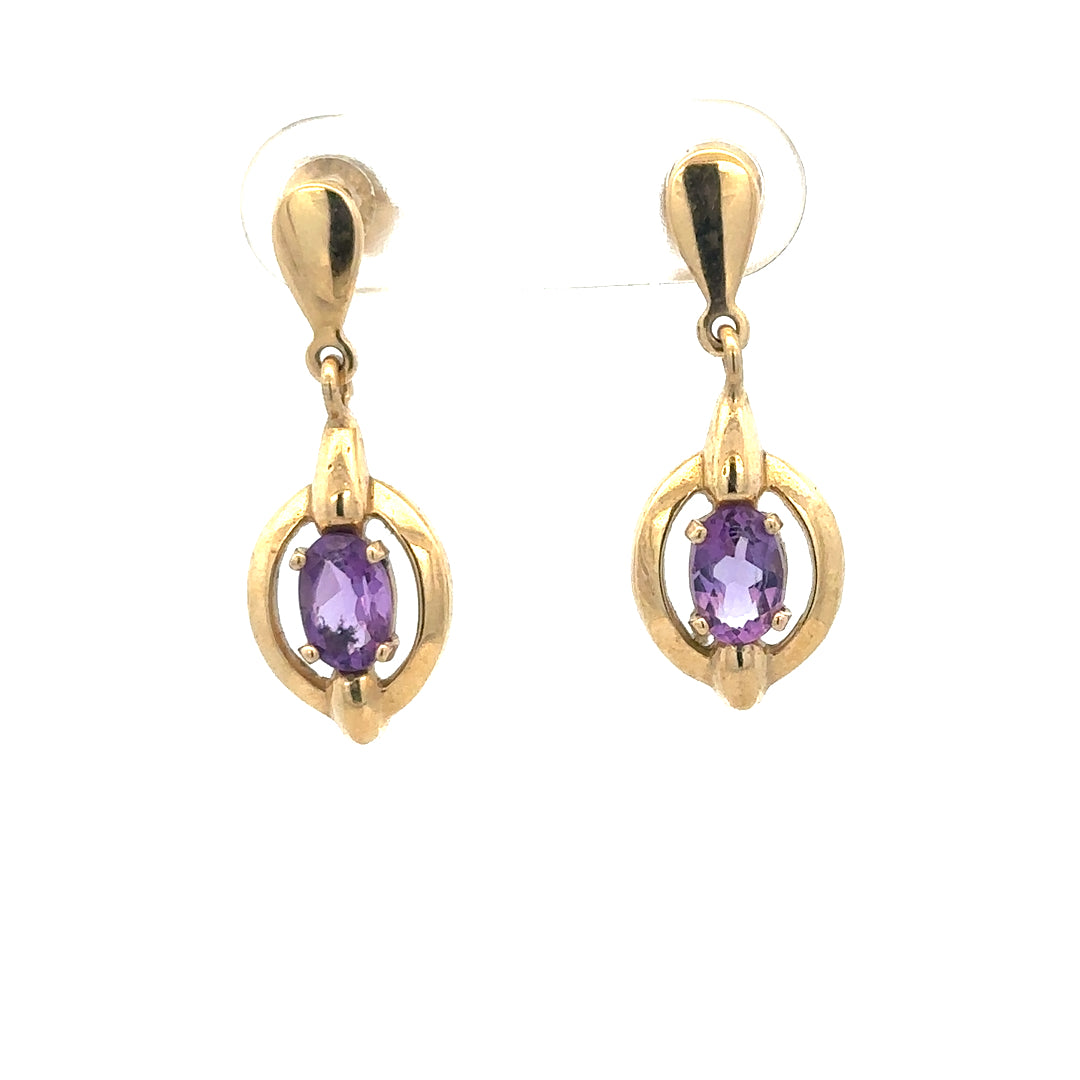 9ct yellow gold amethyst earrings featuring purple gemstones, weighing 2.1g, with elegant gold settings.