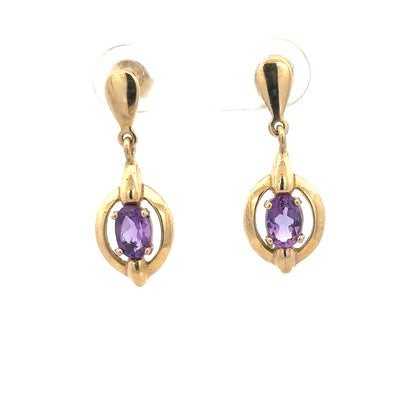 9ct yellow gold amethyst earrings featuring purple gemstones, weighing 2.1g, with elegant gold settings.