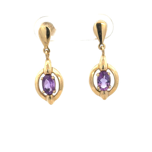 9ct yellow gold amethyst earrings featuring purple gemstones, weighing 2.1g, with elegant gold settings.