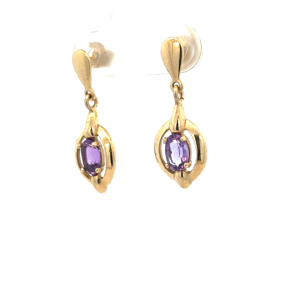 9ct yellow gold amethyst earrings with purple gemstones, weighing 2.1g, featuring elegant and classic jewelry design.