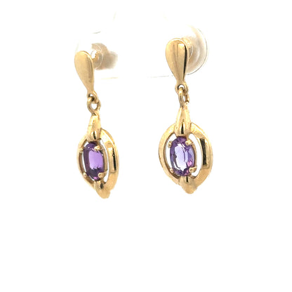 9ct yellow gold amethyst earrings with purple gemstones, weighing 2.1g, featuring elegant and classic jewelry design.