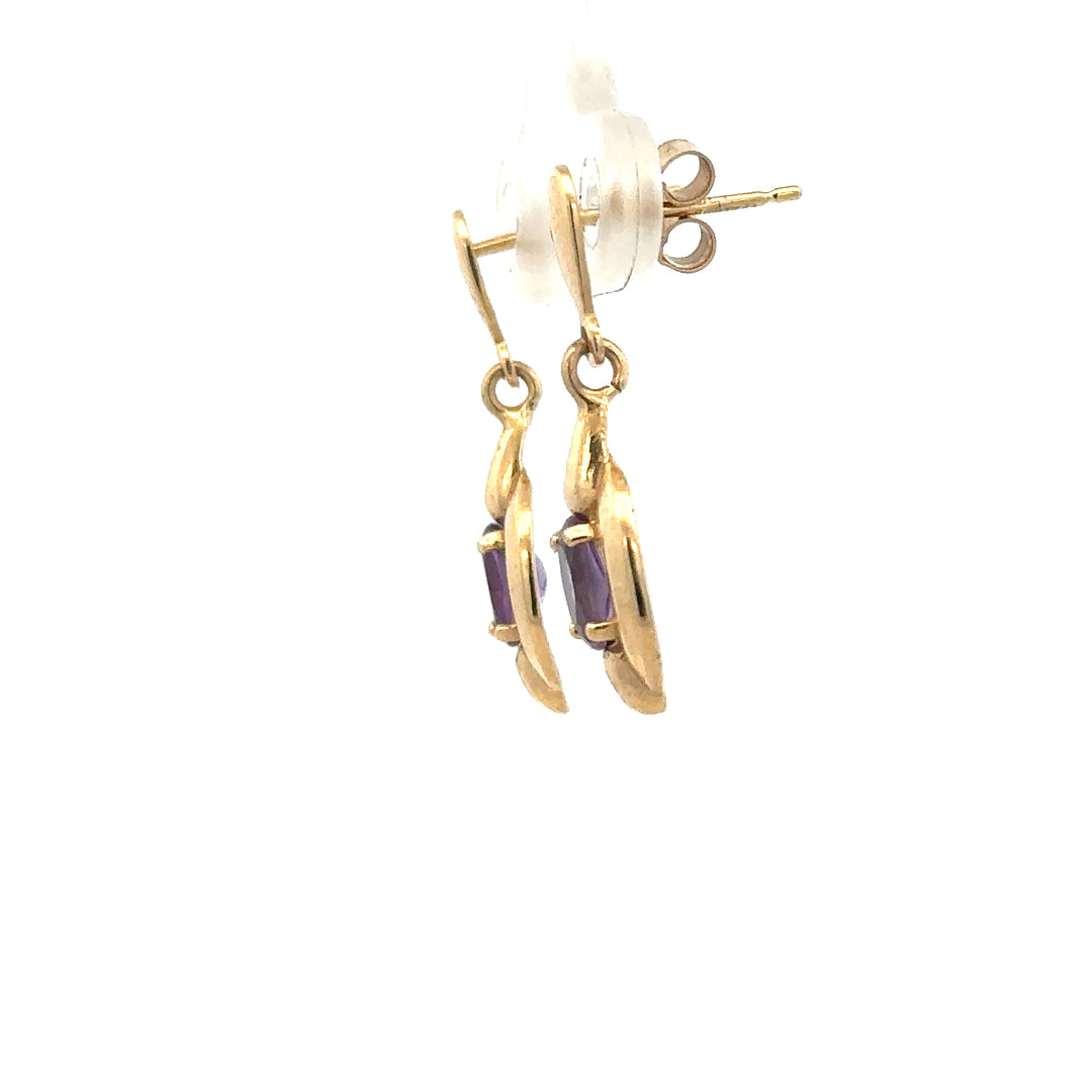 Elegant 9ct yellow gold amethyst earrings with a total weight of 2.1g, featuring vibrant purple gemstone accents.