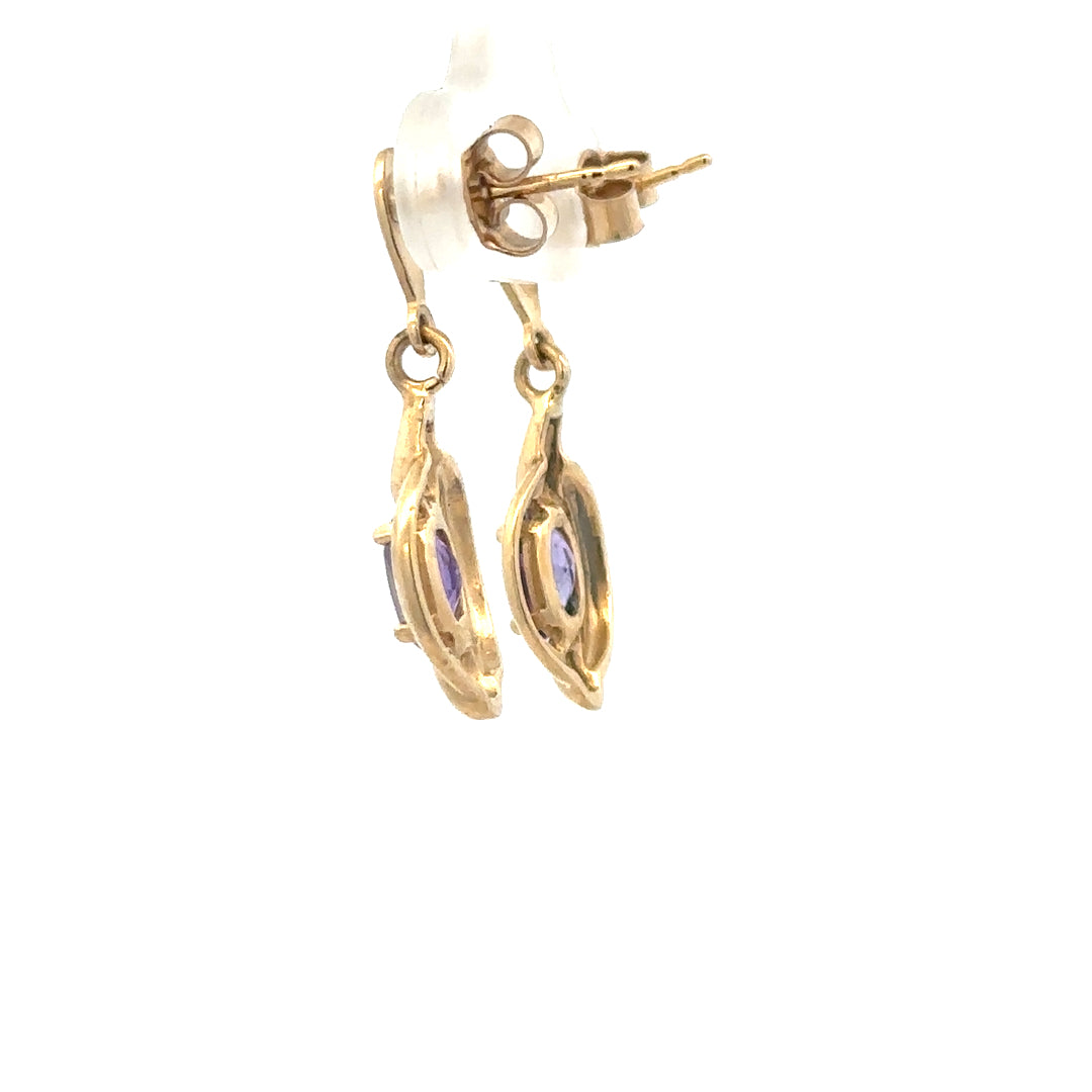 9ct yellow gold amethyst earrings with purple gemstones, weighing 2.1g, featuring elegant and sparkling jewelry design.