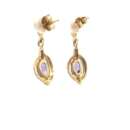 9ct yellow gold amethyst earrings with purple gemstones, lightweight 2.1g, elegant jewelry accessory.