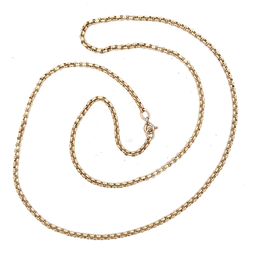 9ct yellow gold belcher chain weighing 12.2g, unbranded jewelry with detailed links and polished finish.