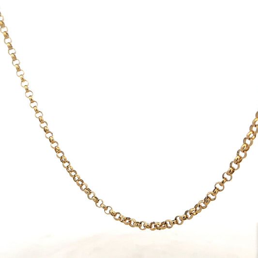 9ct yellow gold belcher chain weighing 13.7g, close-up of the unbranded gold jewelry showcasing its links and shine.