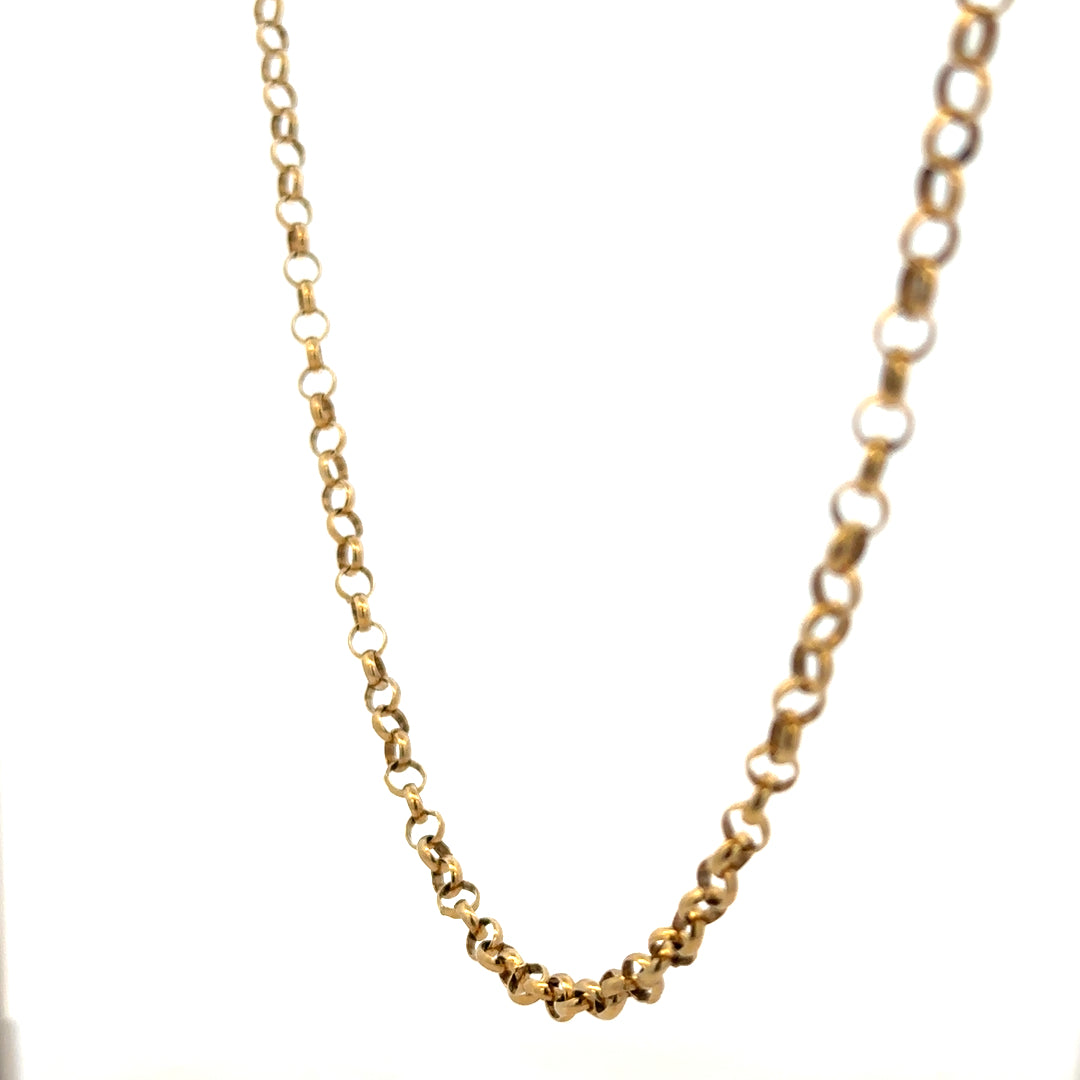 9ct yellow gold belcher chain weighing 15g, featuring classic round links, unbranded jewelry with a polished finish.