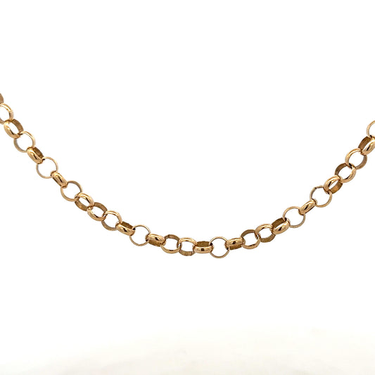 9ct yellow gold belcher chain weighing 21.1g, showcasing a classic jewelry chain with a polished finish.