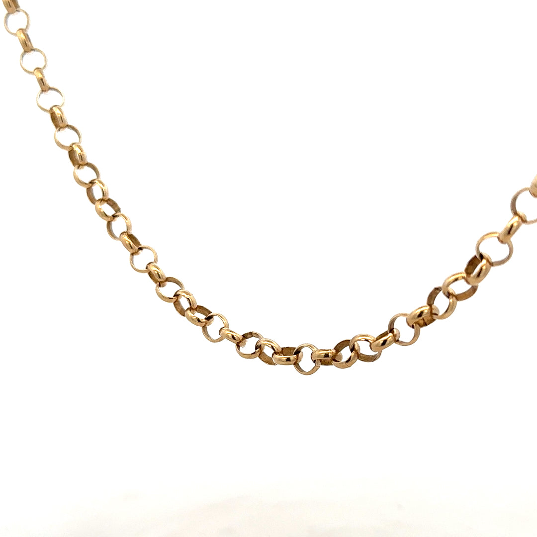 9ct yellow gold belcher chain weighing 21.1g, showcasing its classic link design and polished finish.
