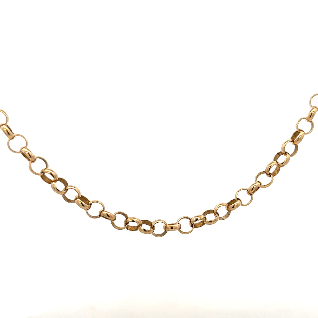 9ct yellow gold belcher chain, unbranded, with a solid design and weight of 21.1 grams, shown in a detailed close-up image.