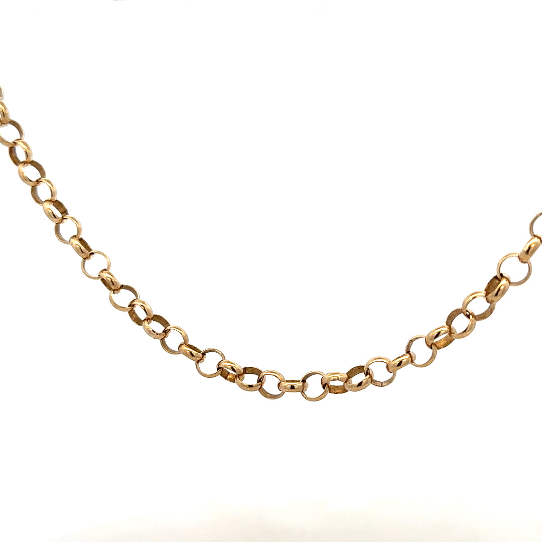 9ct yellow gold belcher chain showing its linked design and polished finish, weighing 21.1 grams, unbranded jewelry accessory