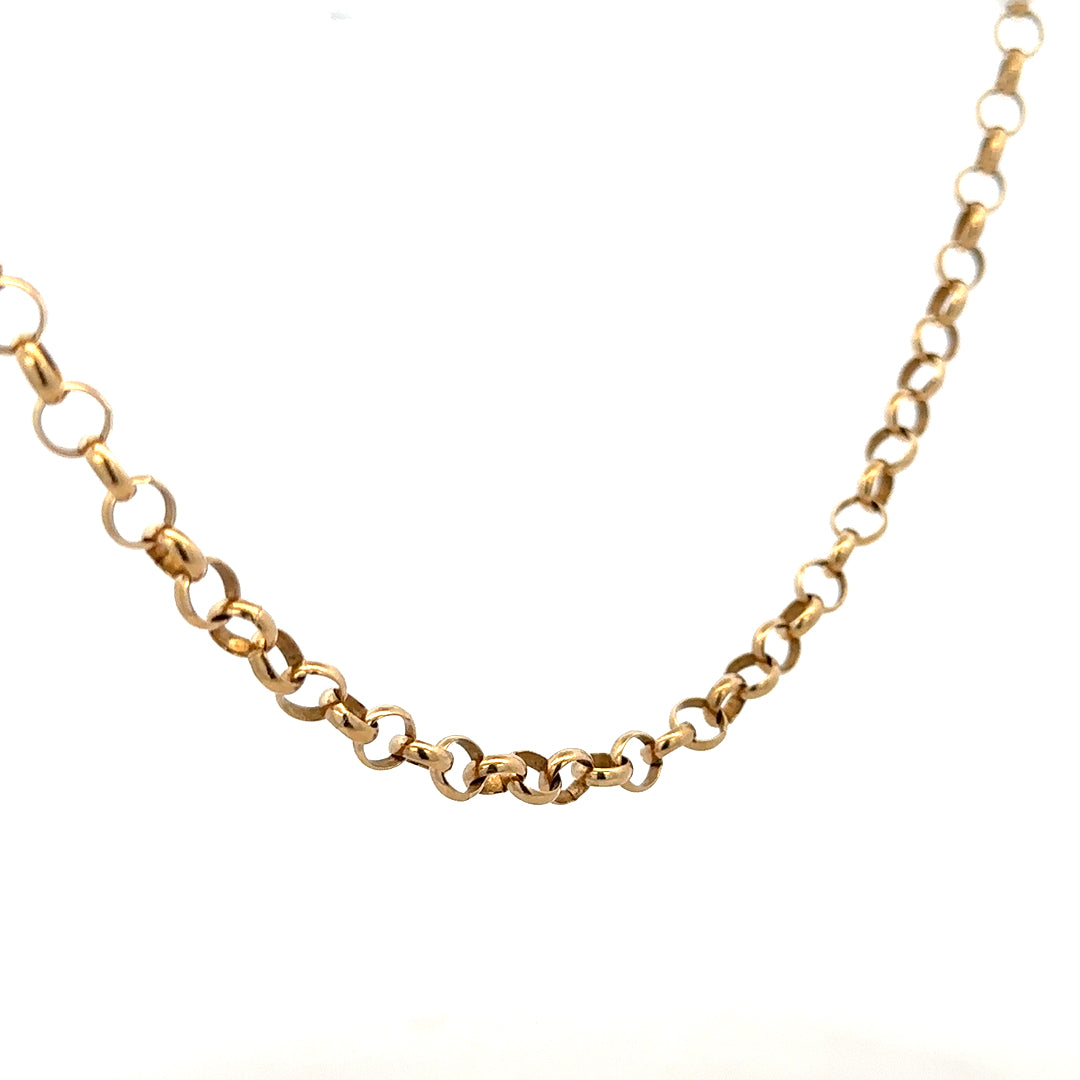 9ct yellow gold belcher chain weighing 21.1g, featuring classic linked design and polished finish, unbranded jewelry accessory.