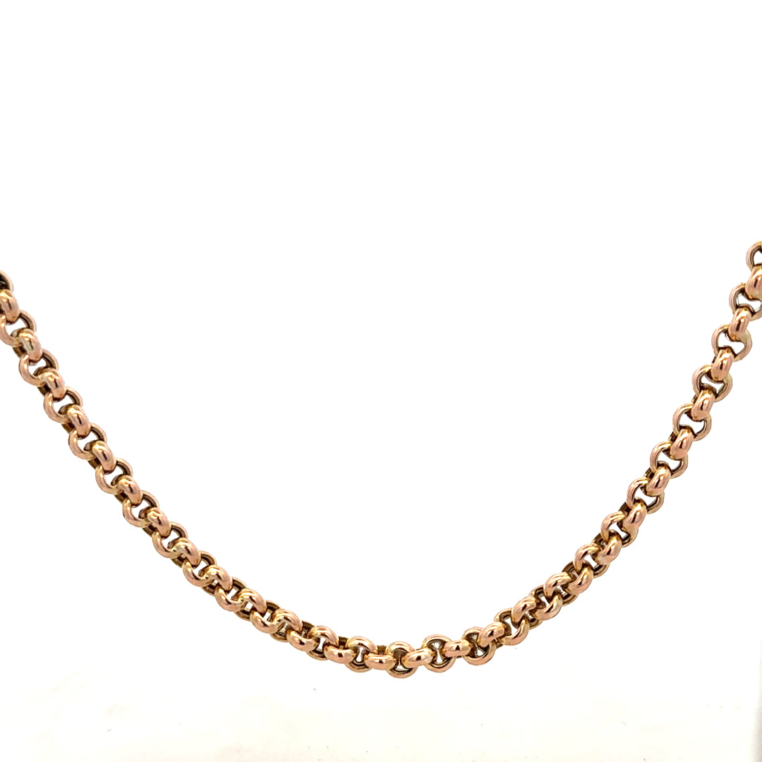 9ct yellow gold belcher chain weighing 24.3g, featuring classic linked design, unbranded jewelry accessory.