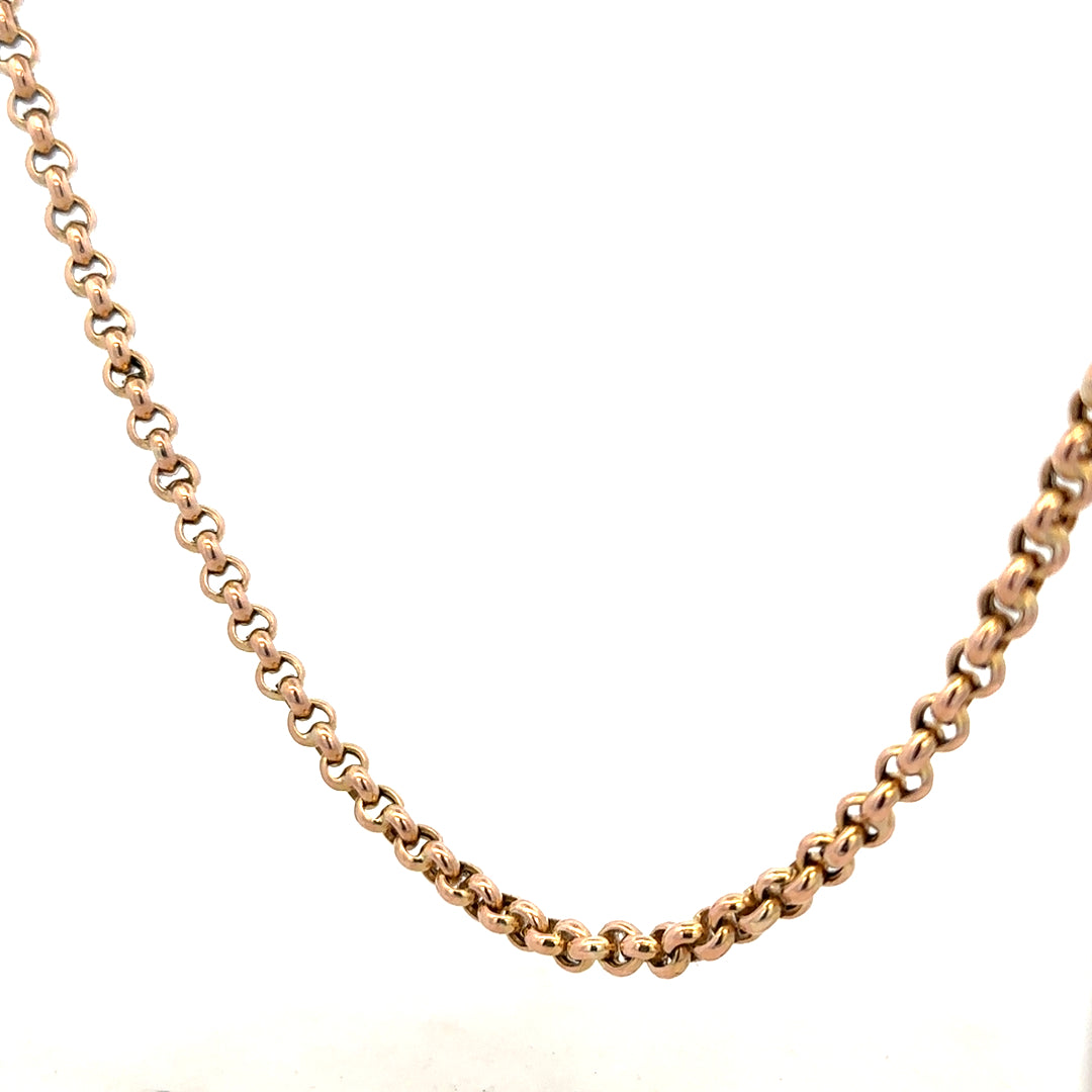 9ct yellow gold belcher chain weighing 24.3g, featuring classic round links and a secure clasp, unbranded jewelry accessory.