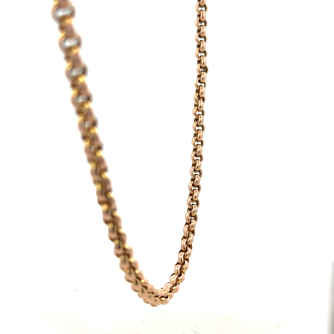 9ct yellow gold belcher chain weighing 24.3g, featuring classic round links and a polished finish, unbranded jewelry accessory.