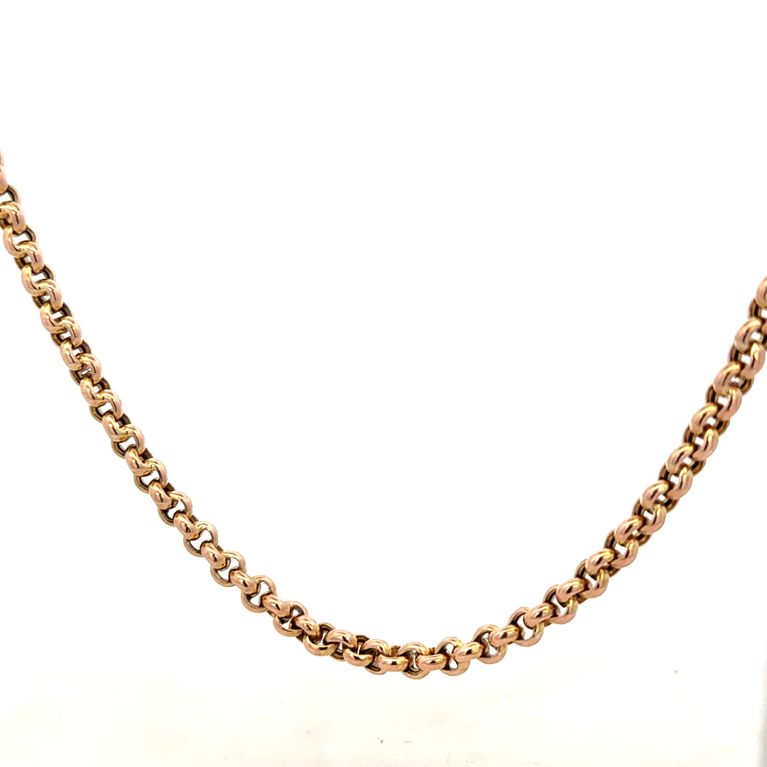 9ct yellow gold belcher chain weighing 24.3 grams, featuring classic interlinked chain design, unbranded jewelry accessory.