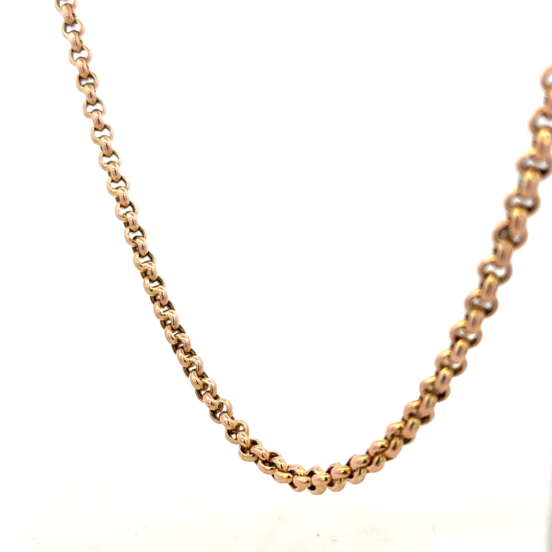 9ct yellow gold belcher chain weighing 24.3g, featuring interlocking oval links, unbranded jewelry accessory.