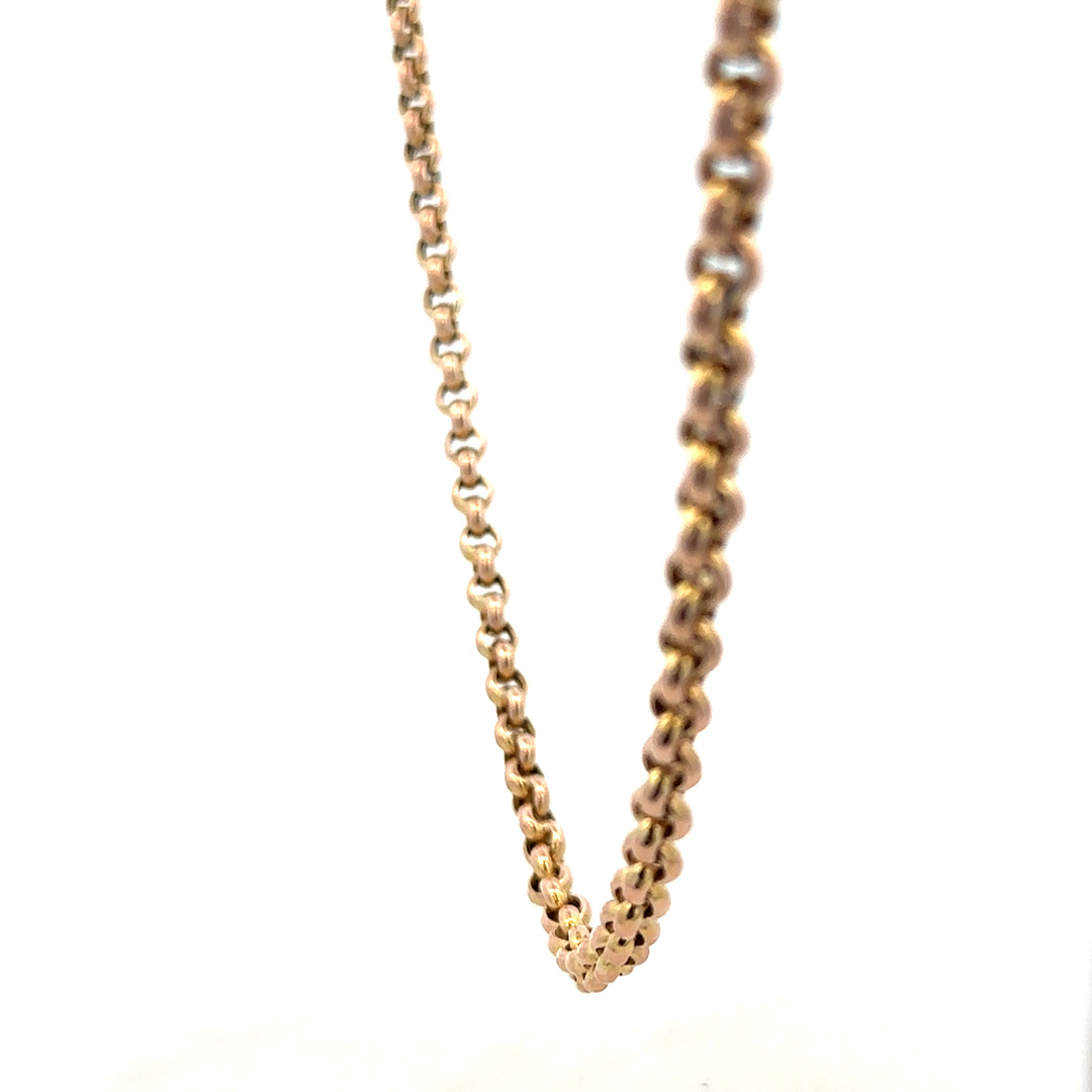 9ct yellow gold belcher chain weighing 24.3g, featuring classic round links and a secure clasp for stylish jewelry.