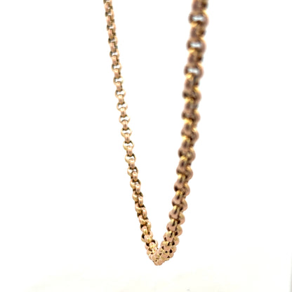 9ct yellow gold belcher chain weighing 24.3g, featuring classic round links and a secure clasp for stylish jewelry.