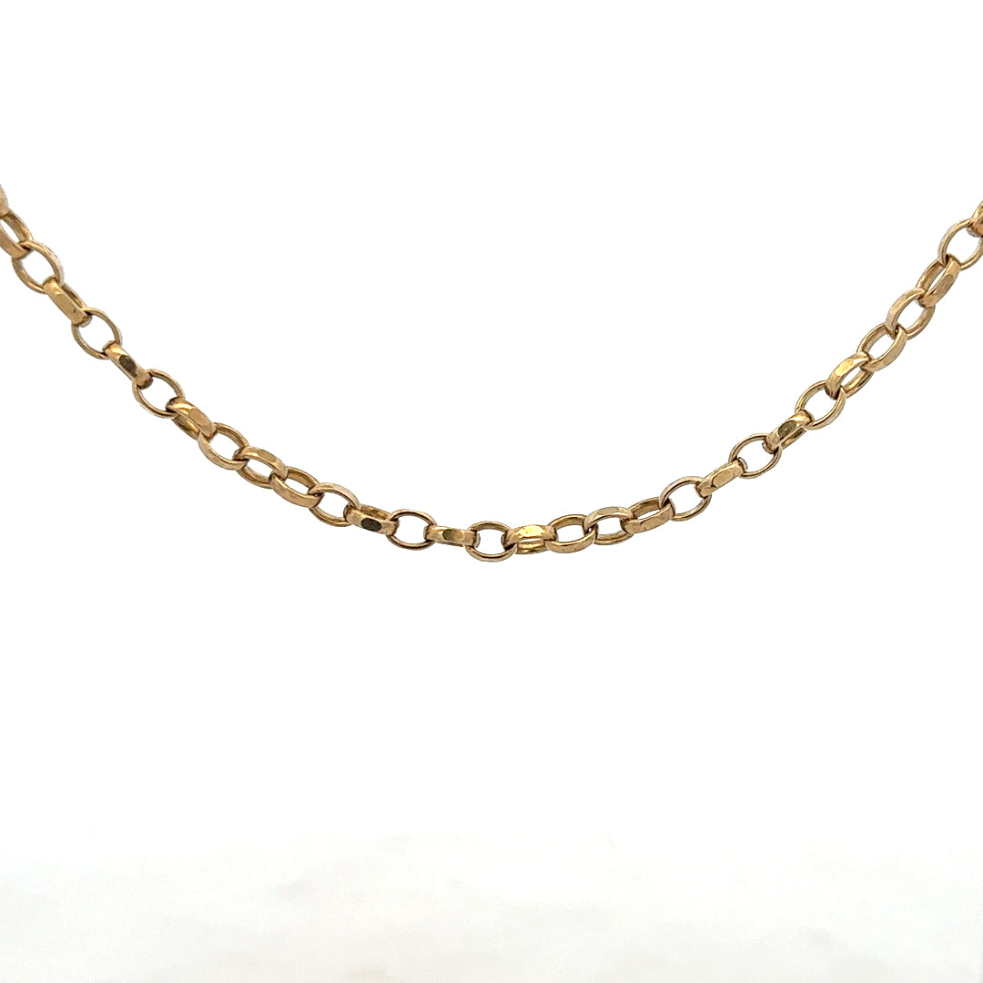 9ct yellow gold belcher chain with a sturdy link design, weighing 28 grams, displayed against a neutral background.