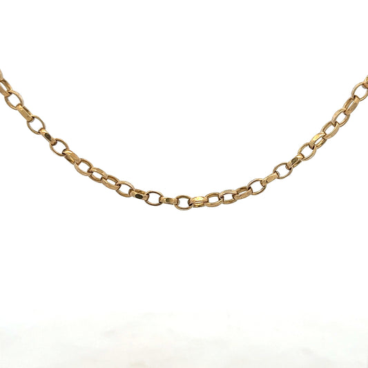 9ct yellow gold belcher chain with a sturdy link design, weighing 28 grams, displayed against a neutral background.