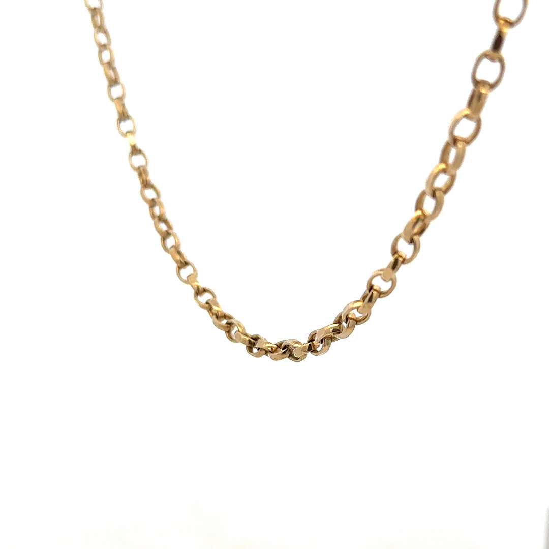 9ct yellow gold belcher chain weighing 28g, showcasing a classic link design on a plain background.