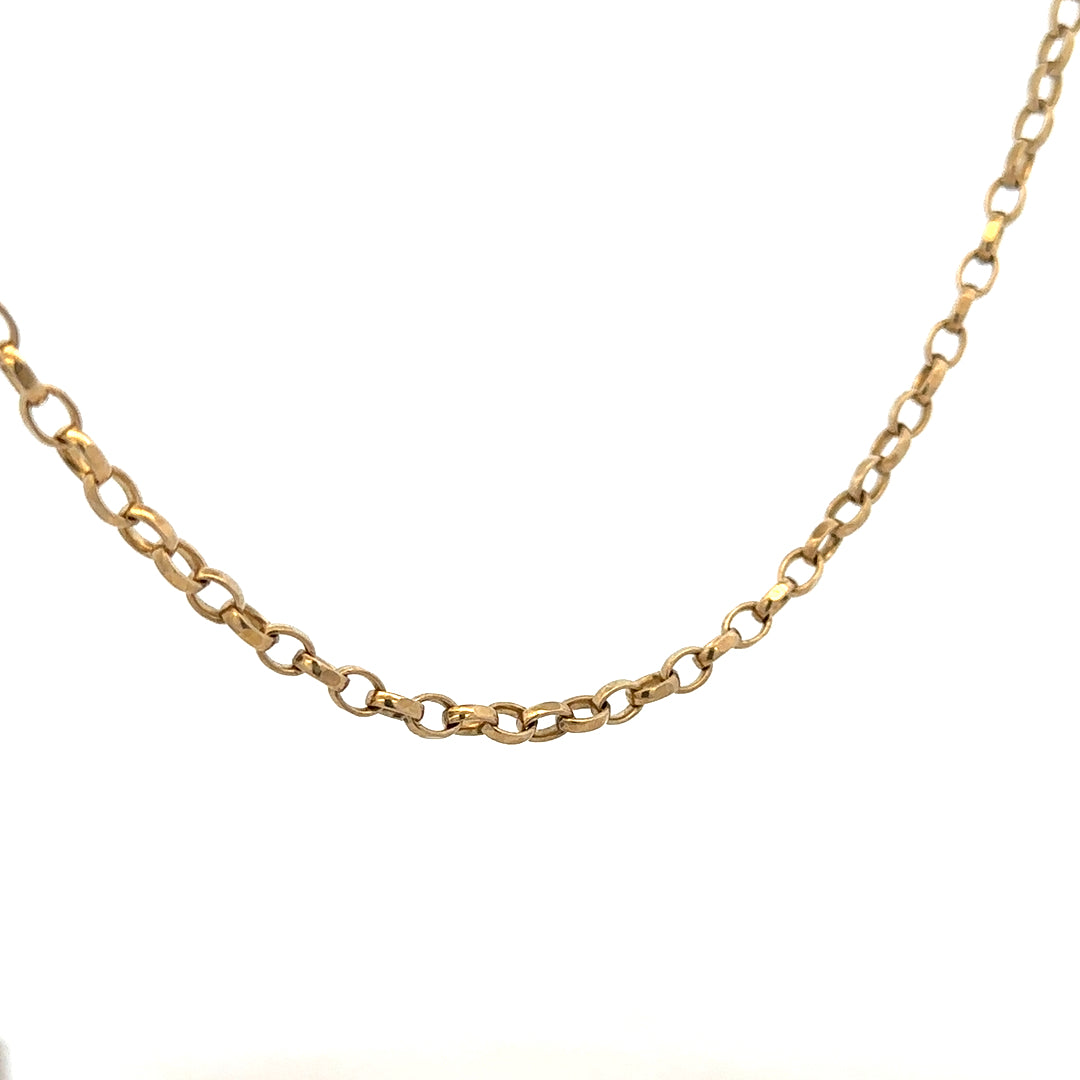 9ct yellow gold belcher chain, lightweight jewelry chain with a smooth link design, shown in a close-up image.