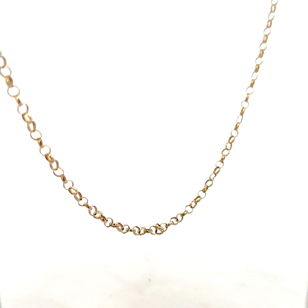 9ct yellow gold belcher chain weighing 5.2g, displayed laying flat with detailed links, unbranded jewelry chain.