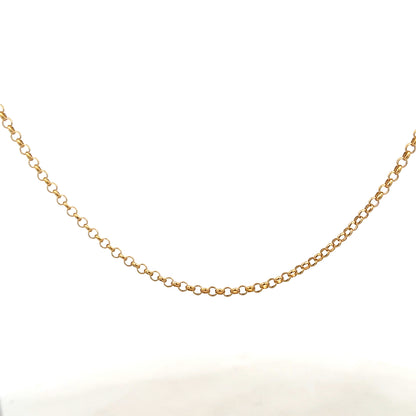 9ct yellow gold belcher chain weighing 5.2g, close-up of linked chain with a smooth, shiny finish.
