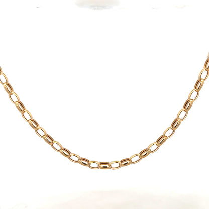 9ct yellow gold belcher chain with a secure clasp, weighing 6.4g, showcasing polished gold links on a neutral background.